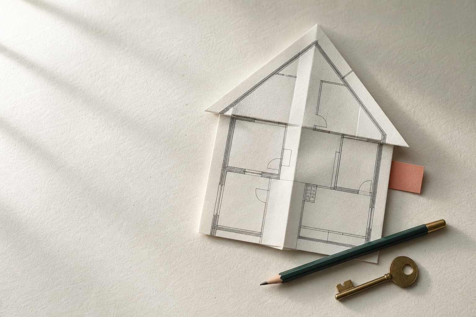 Et arkitektpapir brettet som et hus, med nøkkel og blyant